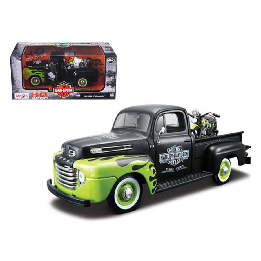 1948 Ford F-1 Pickup Truck Harley Davidson With 1948 Fl Panhead Motorcycle Black/green 1/24 By Maisto 32171bk/grn