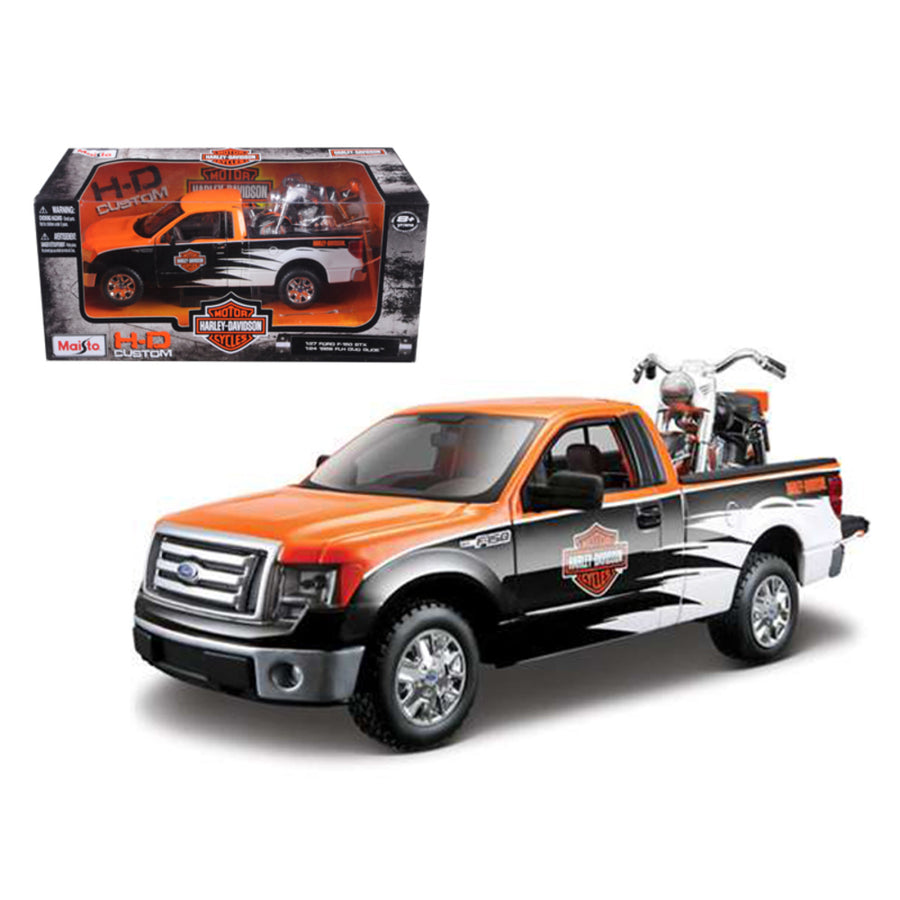 2010 Ford F-150 Stx Harley Davidson Orange/white/black 1/27 And 1/24 1958 Flh Duo Glide Motorcycle By Maisto 32173or/w/bk