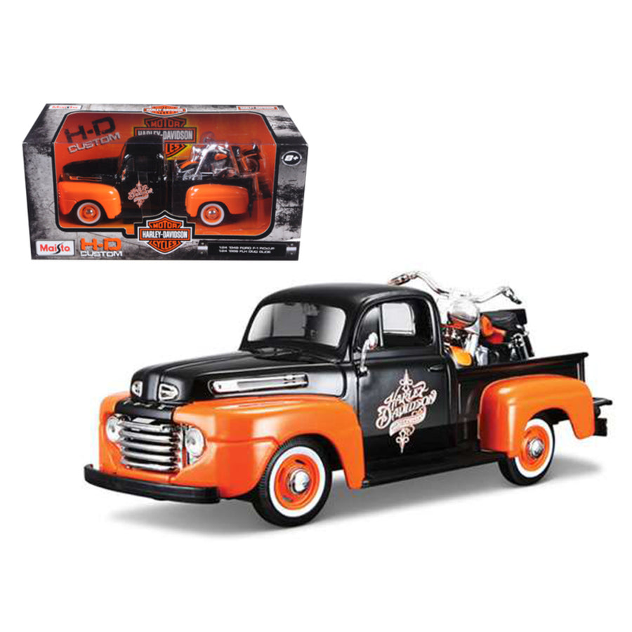 1948 Ford F-1 Pickup Truck Orange/black With 1958 Flh Duo Glide Harley Davidson Motorcycle 1/24 Diecast Models By Maisto 32180or/bk