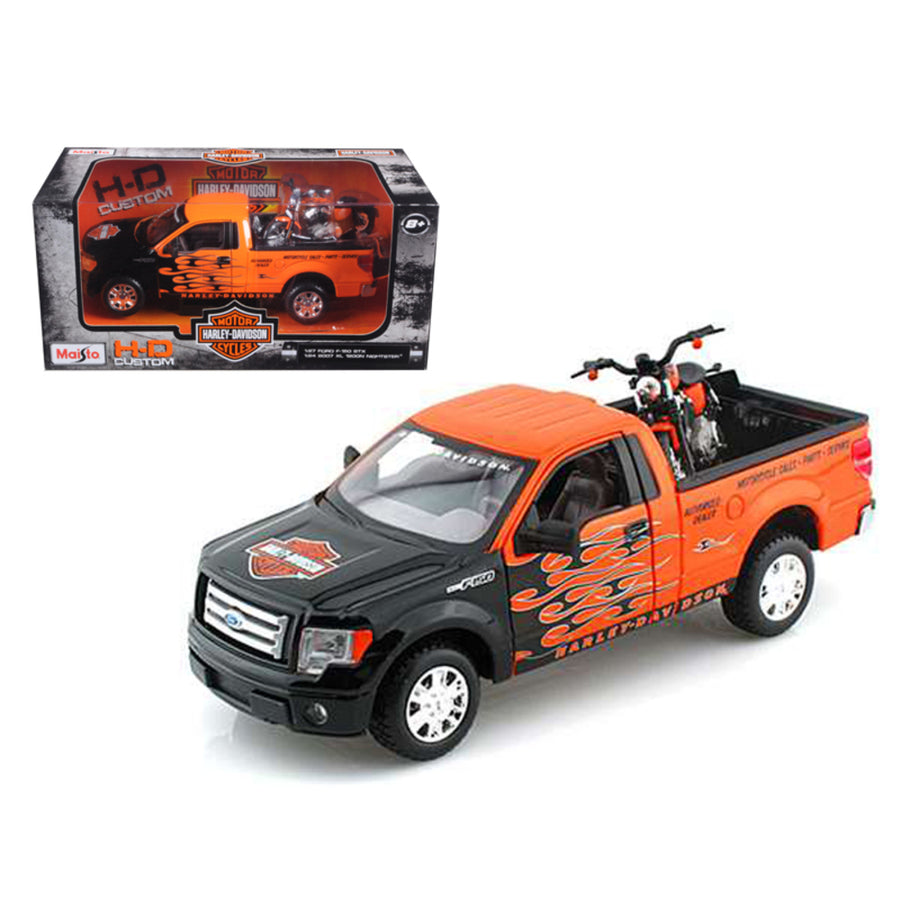 2010 Ford F-150 Stx Pickup 1/27 Orange With Flames & 2007 Xl1200n Nightster Harley Davidson 1/24 By Maisto 32182or