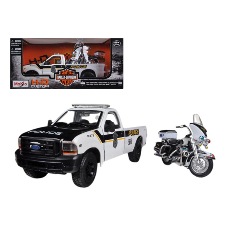 1999 Ford F-350 Super Duty Pickup Truck 1/27 And 1/24 2004 Harley Davidson Flhtpi Electra Glide Motorcycle Police By Maisto 32186bk/wh