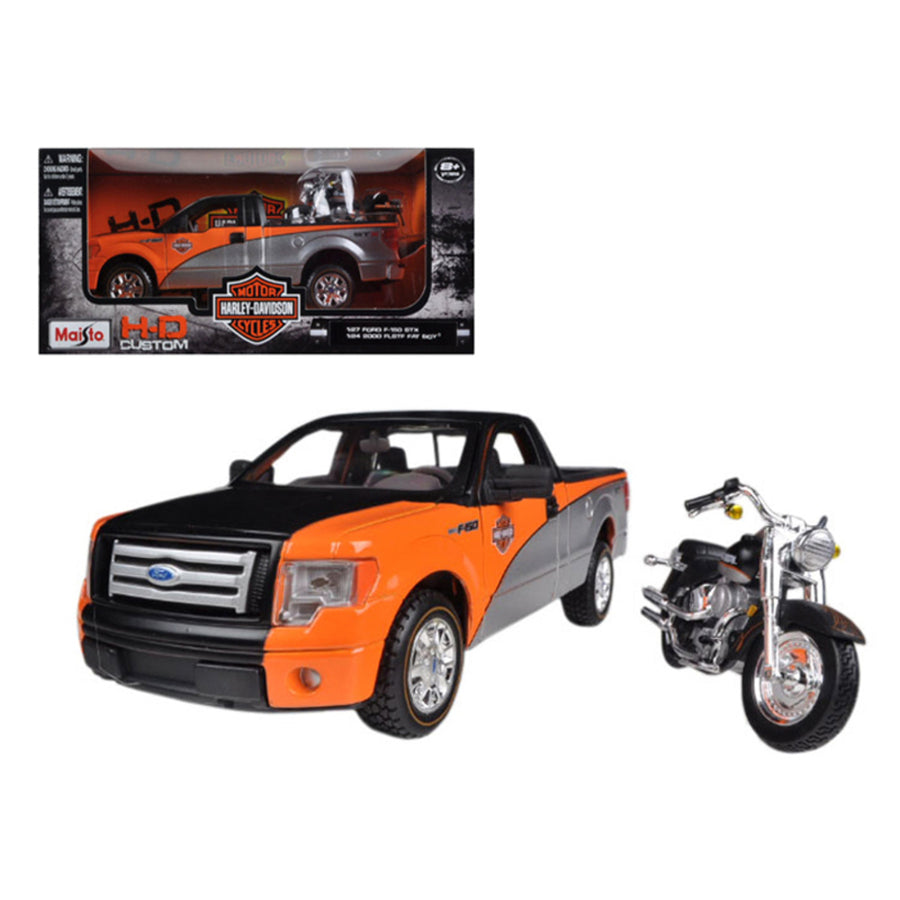 2010 Ford F-150 Stx Orange/black/silver 1/27 & 1/24 Harley Davidson Flstf Fat Boy Motorcycle By Maisto 32187orbk