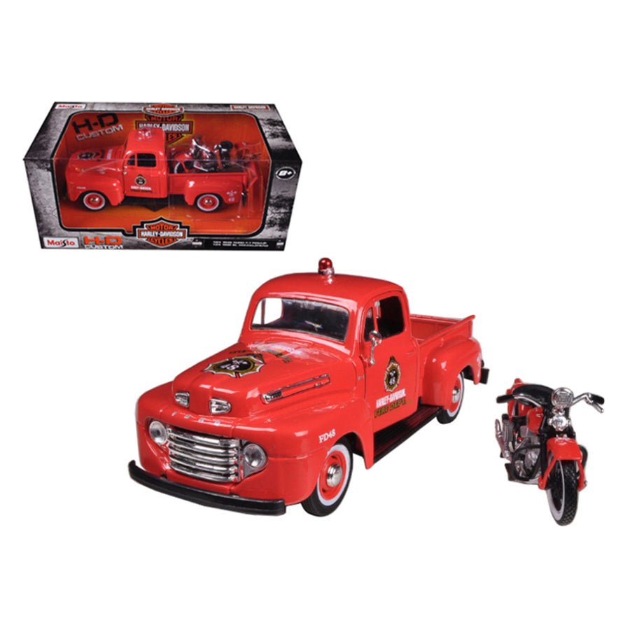 1948 Ford F-1 Pickup Truck Harley Davidson Fire With 1936 El Knucklehead Harley Davidson Motorcycle 1/24 Diecast Model By Maisto 32191