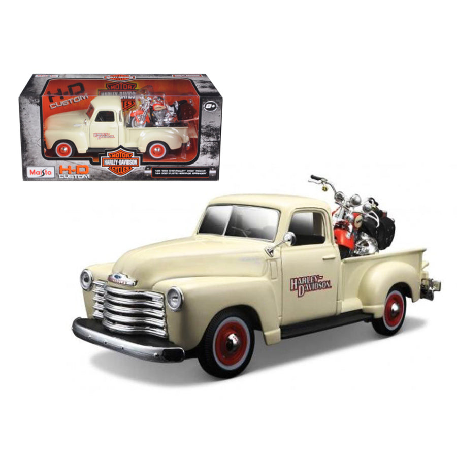 1950 Chevrolet 3100 Pickup Truck Harley Davidson 1/25 With 2001 Flsts Heritage Springer Motorcycle 1/24 Diecast Model By Maisto 32194