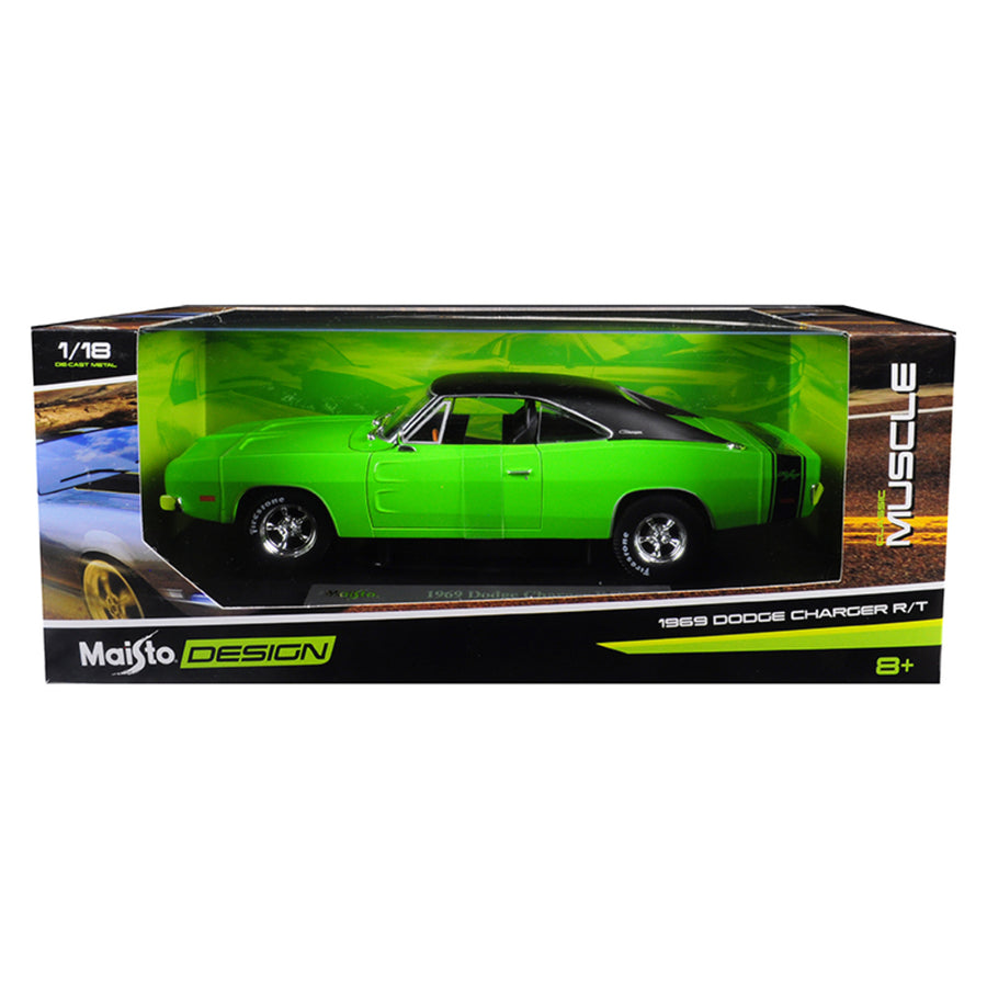 1969 Dodge Charger R/t Green With Black Top 1/18 Diecast Model Car By Maisto 32612grn