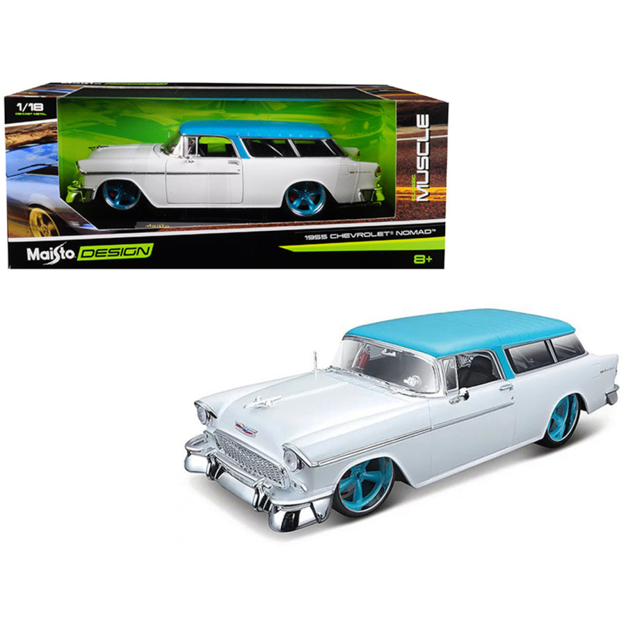 1955 Chevrolet Bel Air Nomad Metallic White With Blue Top Classic Muscle 1/18 Diecast Model Car By Maisto 32613w