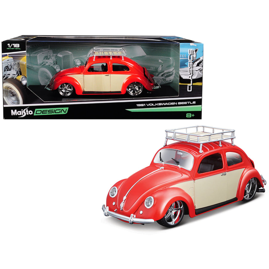 1951 Volkswagen Beetle With Roof Rack Orange Red Classic Muscle 1/18 Diecast Model Car By Maisto 32614r