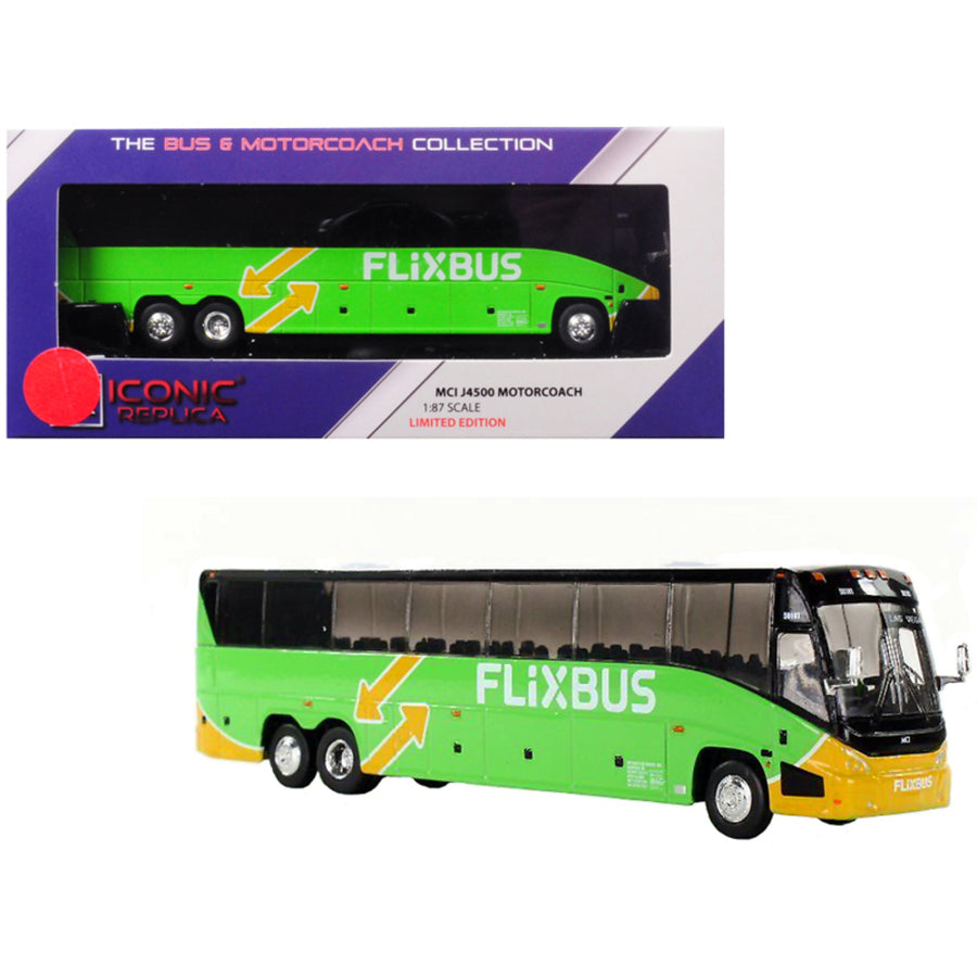 Mci J4500 Motorcoach Transit Bus Flixbus (las Vegas) Green 1/87 Diecast Model By Iconic Replicas 87-0127