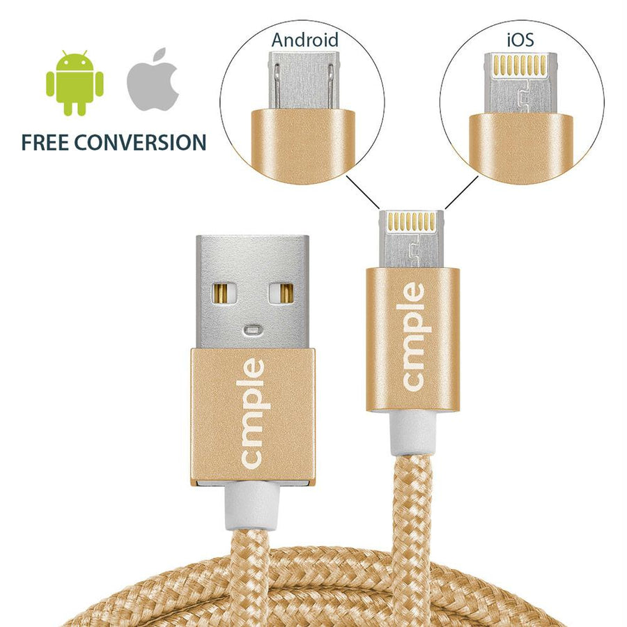 2 In 1 Usb 2.0 A Male To Reversible Lightning/micro B Male Cable - 3 Feet, Gold