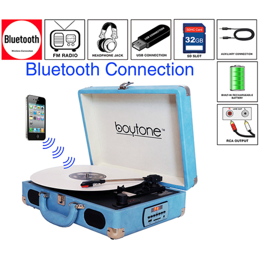 Boytone Bt-101lb Bluetooth Turntable Briefcase Record Player Ac-dc, Built In Recharg