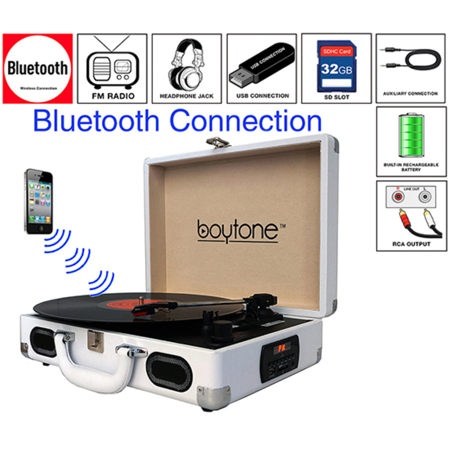 Boytone Bt-101wt Bluetooth Turntable Briefcase Record Player Ac-dc, Built In Recharg