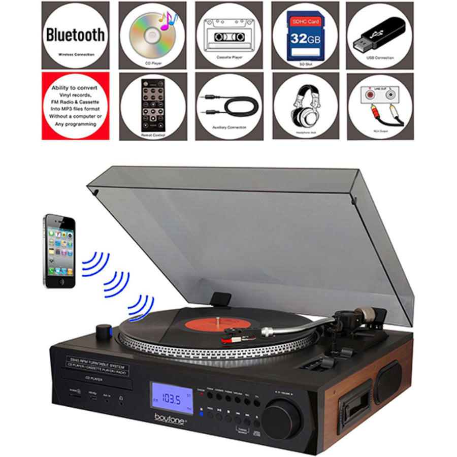 Boytone Bt-11b Fully Automatic Large Size Turntable, Bluetooth Wireless, 2 Built In