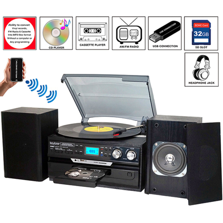 8-in-1 Boytone Bt-24djb With Bluetooth Connection, 3 Speed 33, 45, 78 Rpm, Cd, Casse