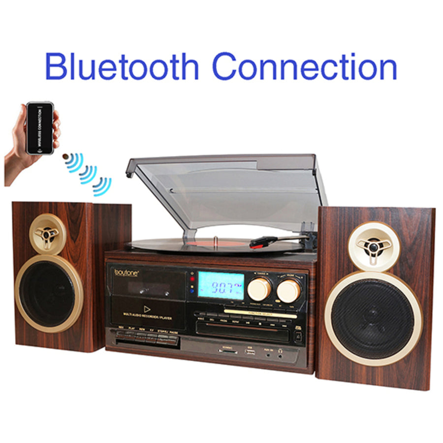 Boytone Bt-28spm, Bluetooth Classic Style Record Player Turntable With Am/fm Radio,