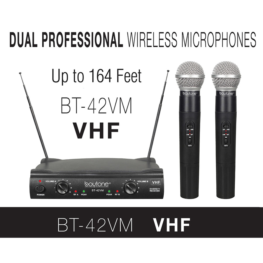 Boytone Bt-42vm Dual Channel Wireless Microphone System - Vhf Fixed Dual Frequency Wireless Mic Receiver