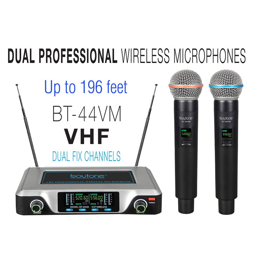 Boytone Bt-44vm Dual Digital Channel Wireless Microphone System - Vhf Fixed Frequency Wireless Mic