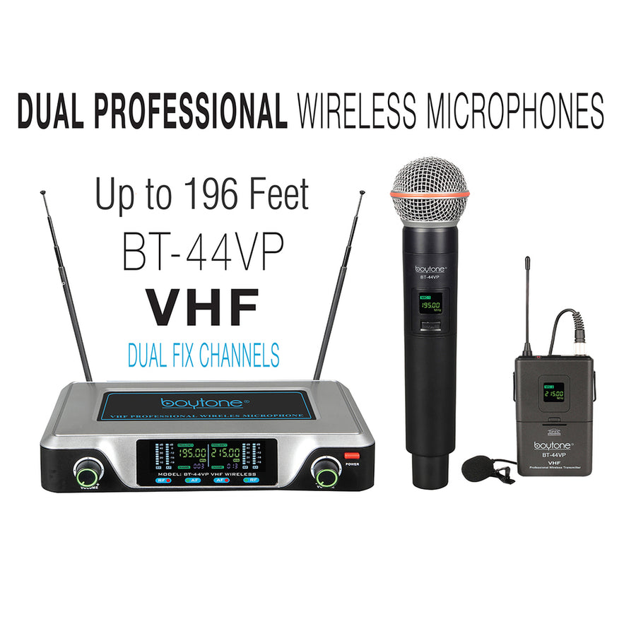 Boytone Bt-44vp Dual Digital Channel Wireless Microphone Plus Headset Mic Set System - Vhf Fixed Frequency