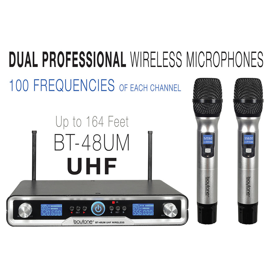 Boytone Bt-48um 100 Channels Pro Dual Uhf Wireless Digital Metal Microphone-base System, 2 Handheld