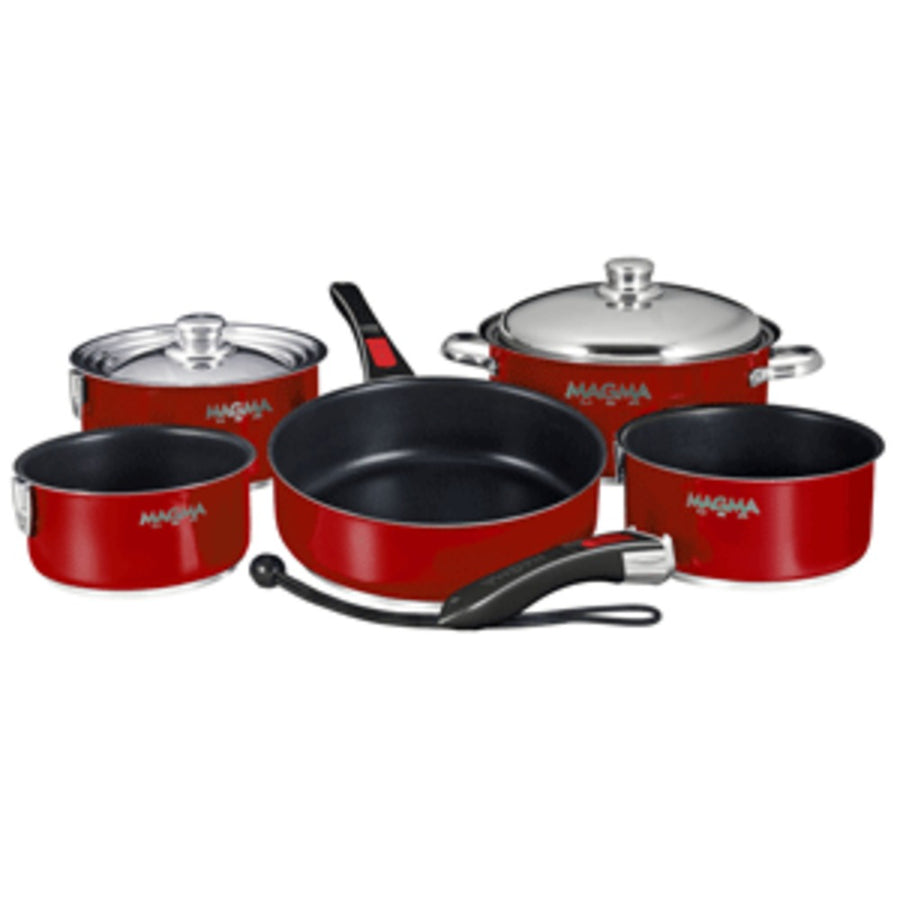 Magma Nesting 10-piece Induction Compatible Cookware - Magma Red Exterior & Slate Black Ceramica Non-stick Interior