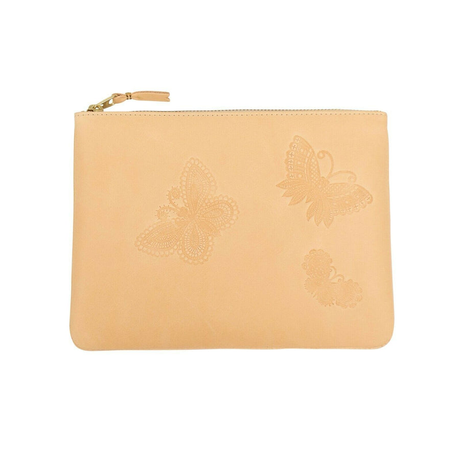 Leather Butterfly Embossed Pouch Wallet - Beige