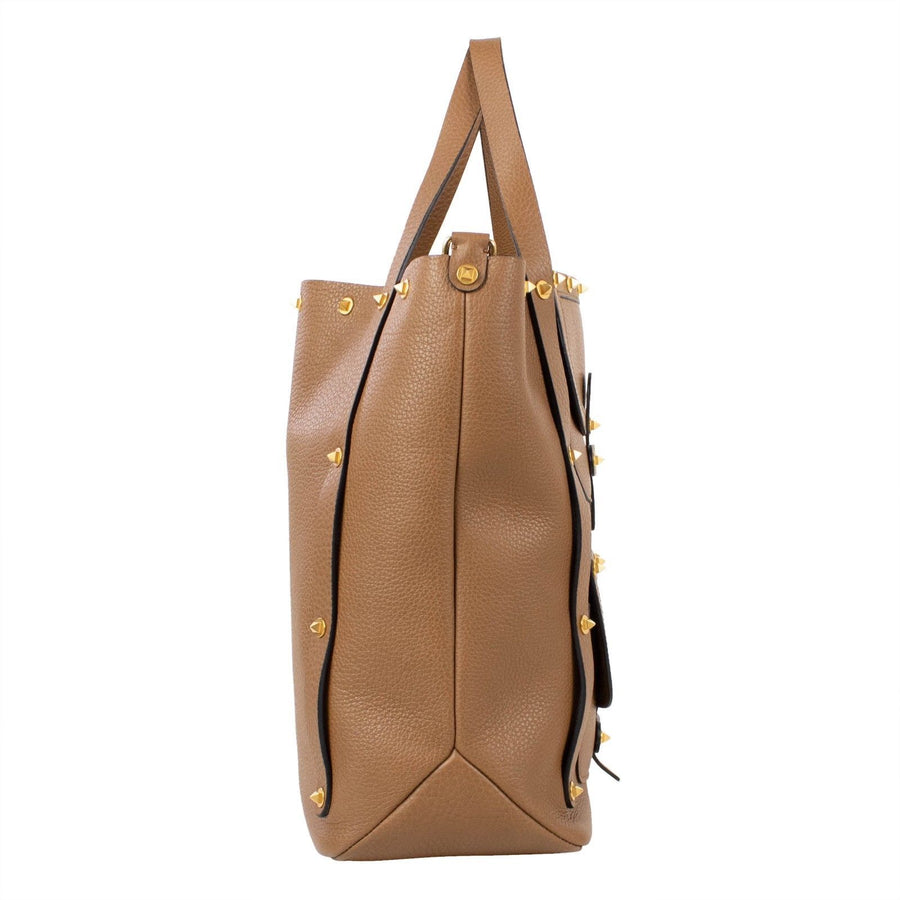 Double Pocket Rockstud Leather Tote Bag - Brown