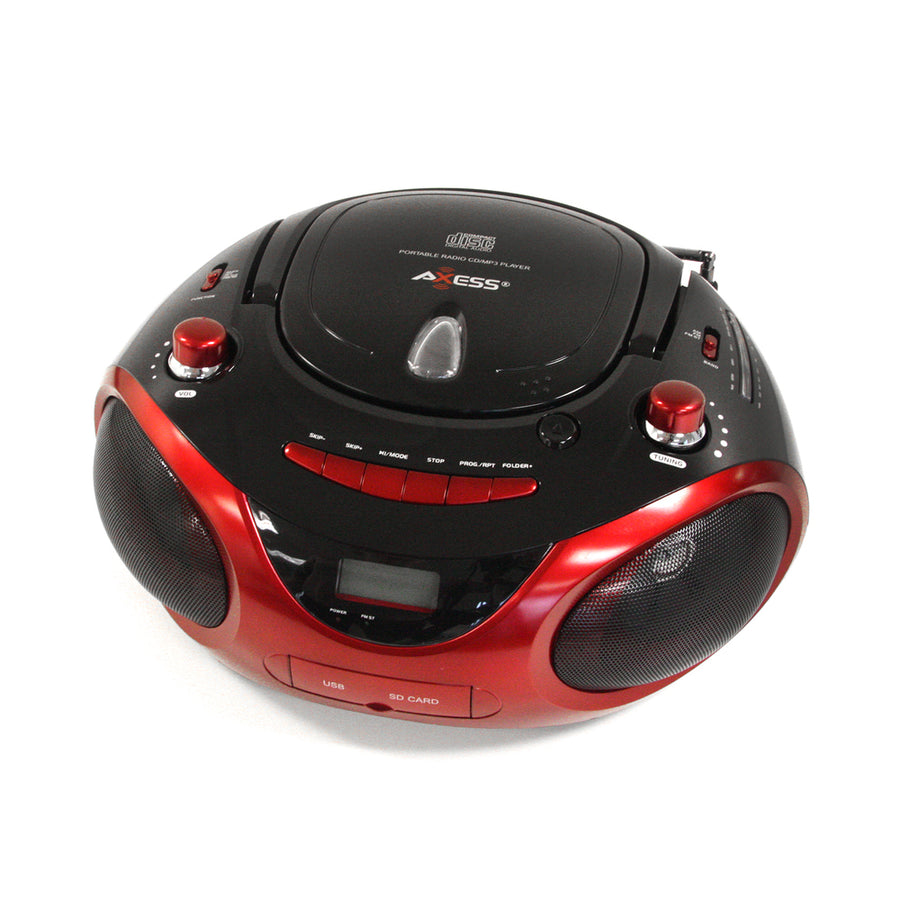 Axess Red Portable Boombox Mp3/cd Player With Text Display,with Am/fm Stereo, Usb/sd/mmc/aux Inputs