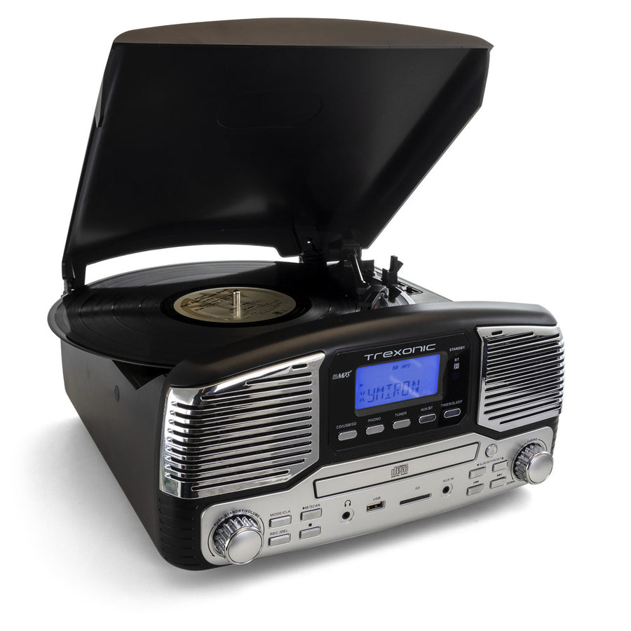 Trexonic Retro Wireless Bluetooth, Record And Cd Player In Black