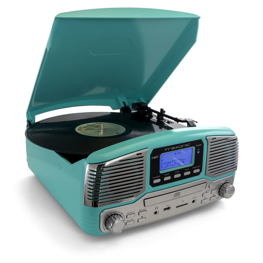 Trexonic Retro Wireless Bluetooth, Record And Cd Player In Turquoise