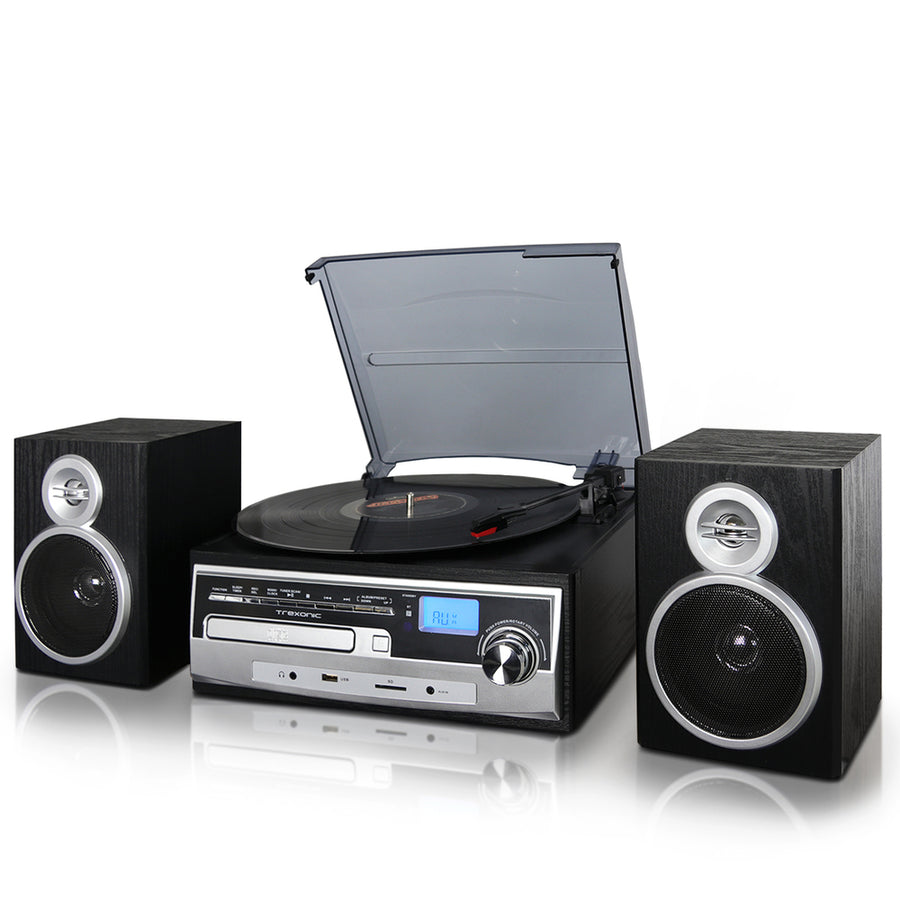 Trexonic 3-speed Vinyl Turntable Home Stereo System With Cd Player, Fm Radio, Bluetooth, Usb/sd Recording And Wired Shelf Speakers