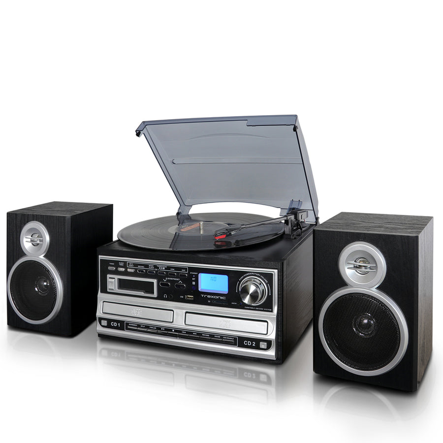 Trexonic 3-speed Vinyl Turntable Home Stereo System With Cd Player, Cd Recorder, Cassette Player, Wired Shelf Speakers, Fm Radio & Cd/usb/sd Recording