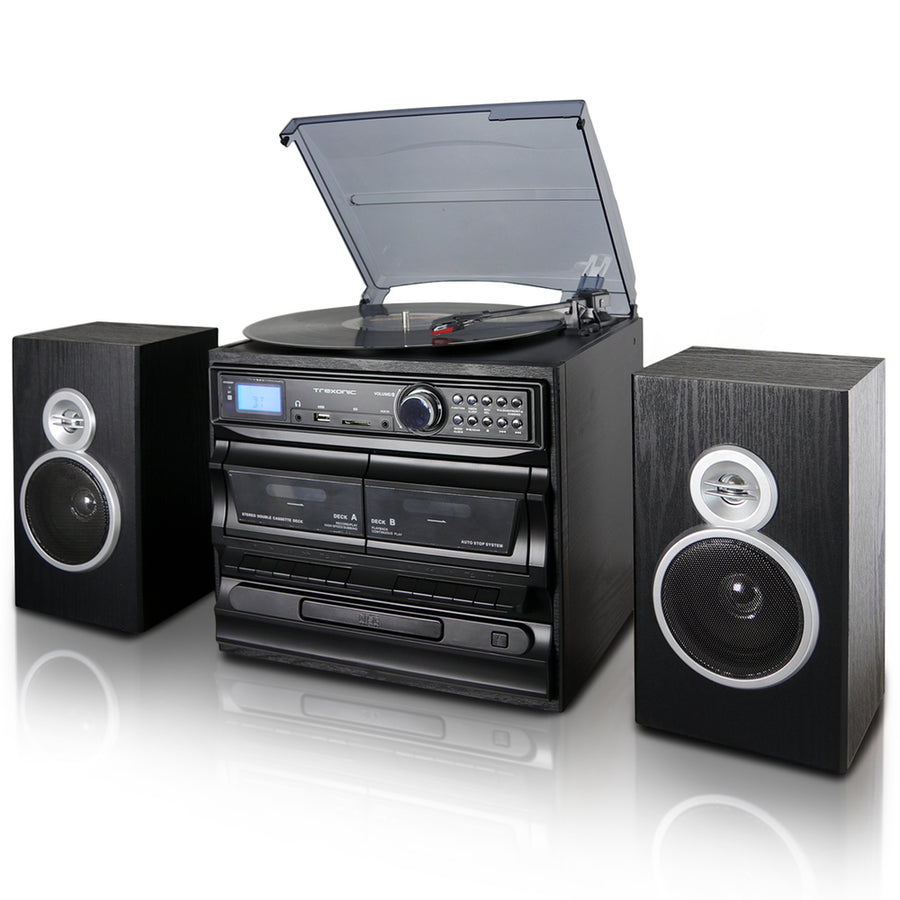 Trexonic 3-speed Vinyl Turntable Home Stereo System With Cd Player, Dual Cassette Player, Bluetooth, Fm Radio & Usb/sd Recording And Wired Shelf Speakers