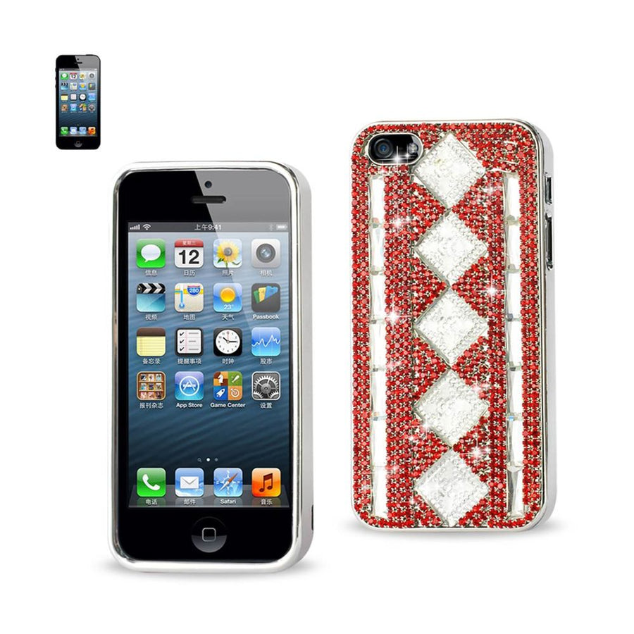 Chain Diamond Case For Iphone5 White Stripes& Rhombus Patter Red