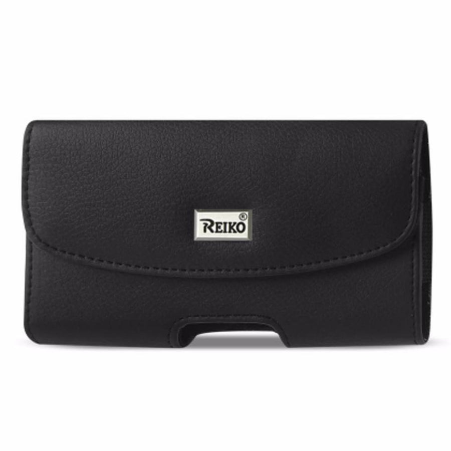 Reiko Horizontal Leather Pouch With Embossed Logo In Black (6.6x3.5x0.7 Inches)