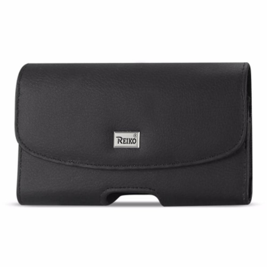 Reiko Horizontal Leather Pouch With Embossed Logo In Black (7.0x3.9x0.7 Inches)