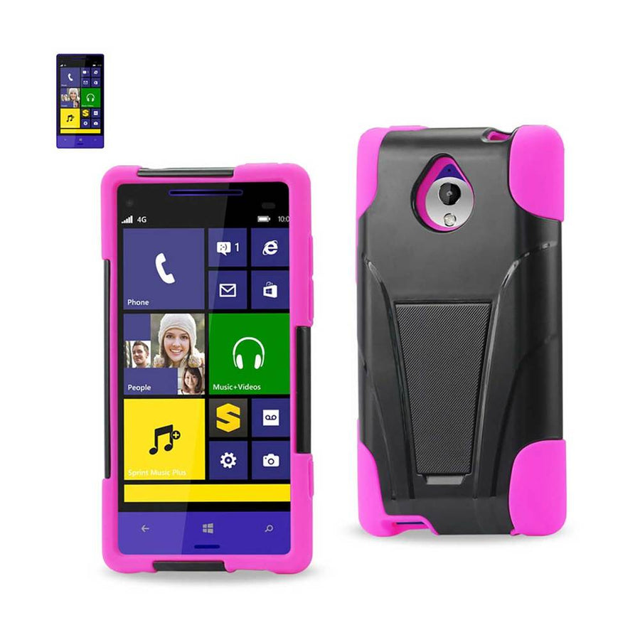 Reiko Htc 8xt Hybrid Heavy Duty Case With Kickstand In Hot Pink Black