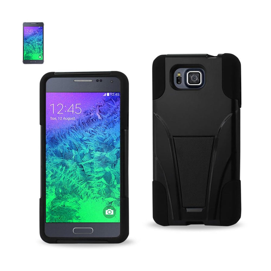 Reiko Samsung Galaxy Alpha Hybrid Heavy Duty Case With Kickstand In Black