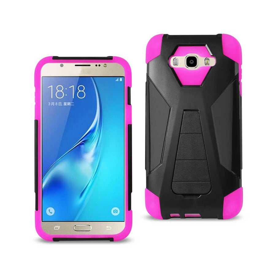 Reiko Samsung Galaxy J7 (2016) Hybrid Heavy Duty Case With Kickstand In Hot Pink Black