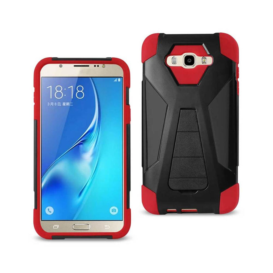 Reiko Samsung Galaxy J7 (2016) Hybrid Heavy Duty Case With Kickstand In Red Black