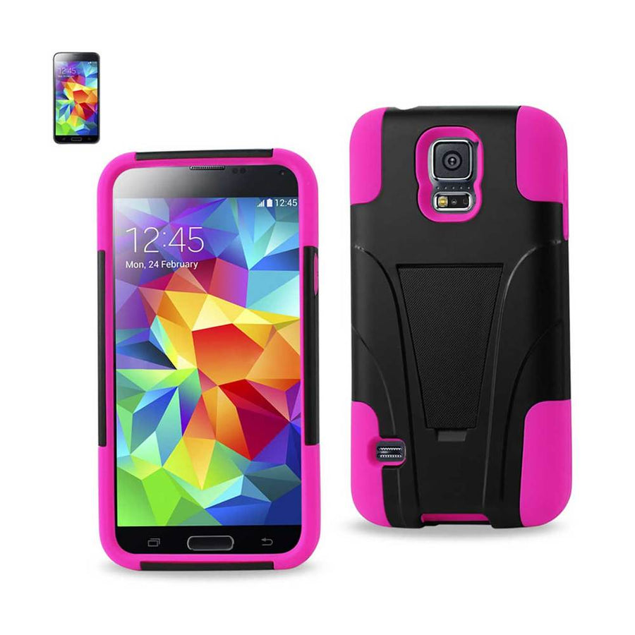 Reiko Samsung Galaxy S5 Hybrid Heavy Duty Case With Kickstand In Hot Pink Black