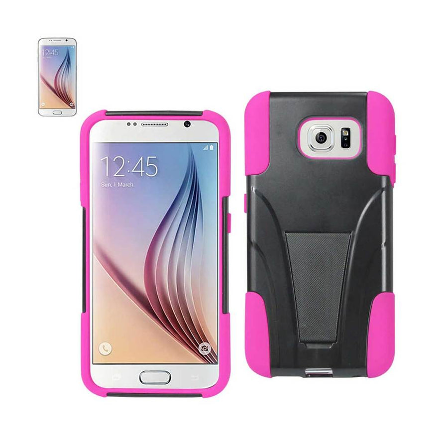 Reiko Samsung Galaxy S6 Hybrid Heavy Duty Case With Kickstand In Hot Pink Black