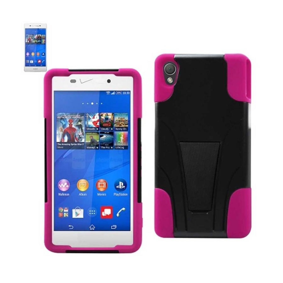 Reiko Sony Xperia Z3v Hybrid Heavy Duty Case With Kickstand In Hot Pink Black