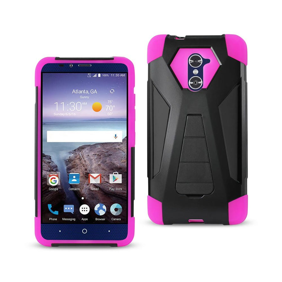 Reiko Zte Grand X Max 2 Hybrid Heavy Duty Case With Kickstand In Hot Pink Black