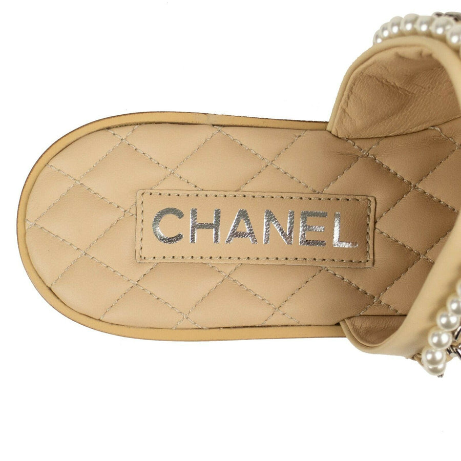 Chanel Leather Silver Pearl Chain Logo Toe Ring Sandals