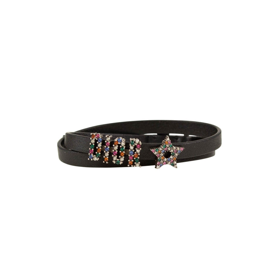 Black Multi-Color Crystal 'Dior' Leather Two Loop Bracelet