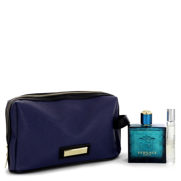 Versace Eros by Versace Gift Set -- 3.4 oz Eau De Toilette Spray + 0.3 oz Mini EDT Spray in Pouch for Men