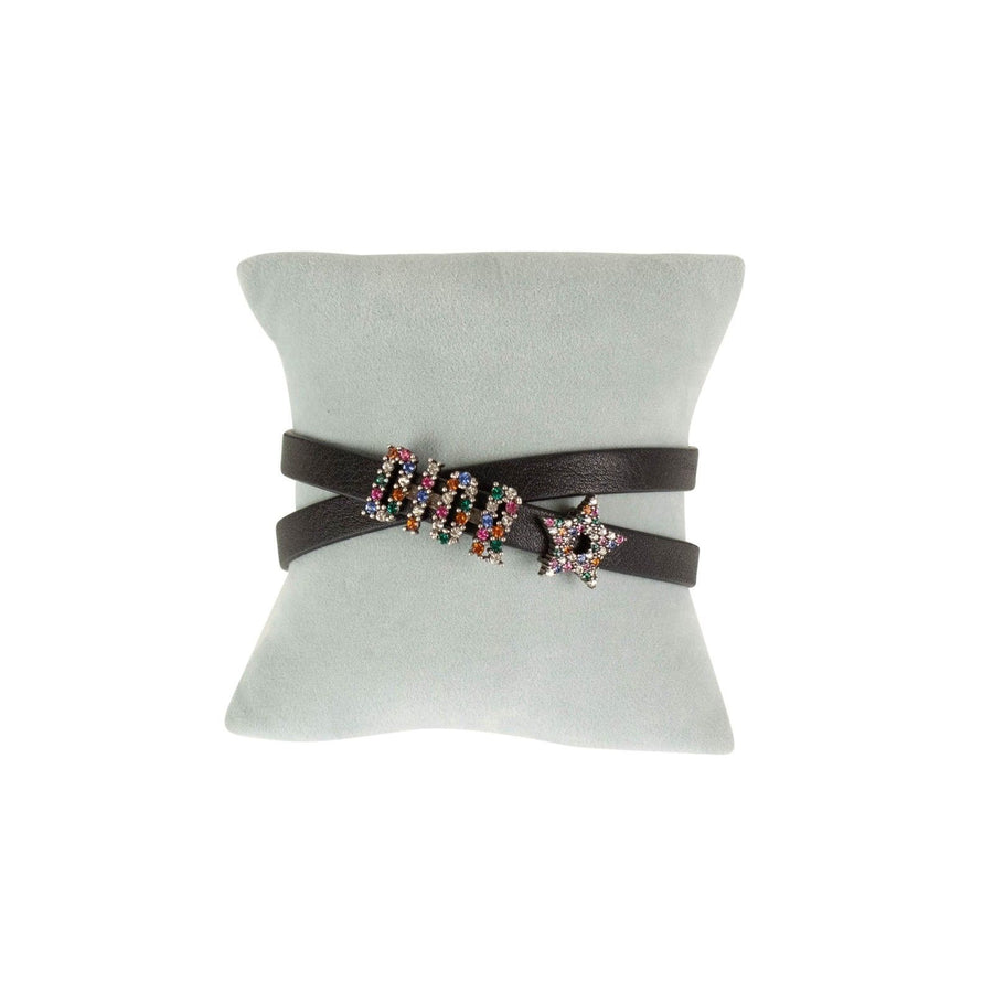 Black Multi-Color Crystal 'Dior' Leather Two Loop Bracelet