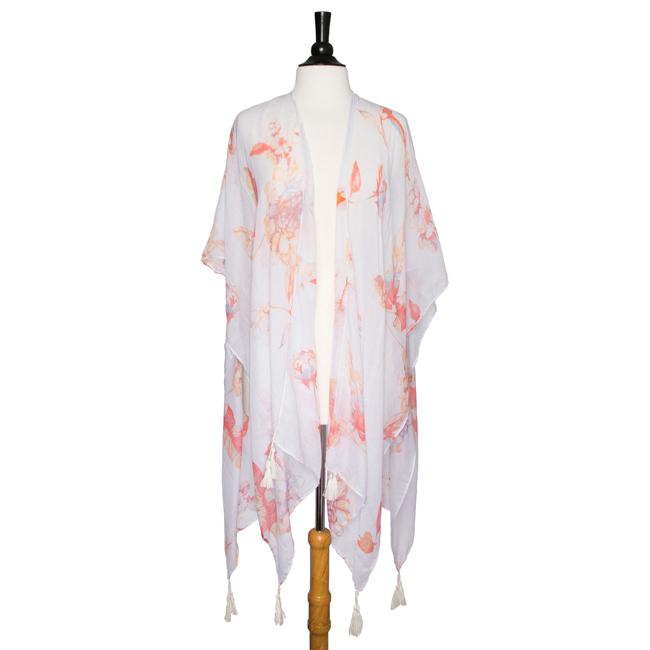 White Gloria Botanical Cover Up Shawl With Tassels