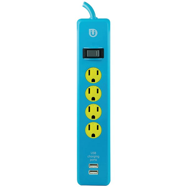 4-Outlet Power Strip with 2 USB Ports, 4ft Cord (Blue & Yellow)