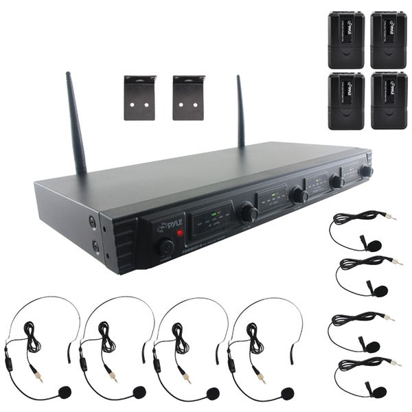 UHF Quad Channel Fixed Frequency Wireless Microphone System (4 headset & 4 lavalier microphones)