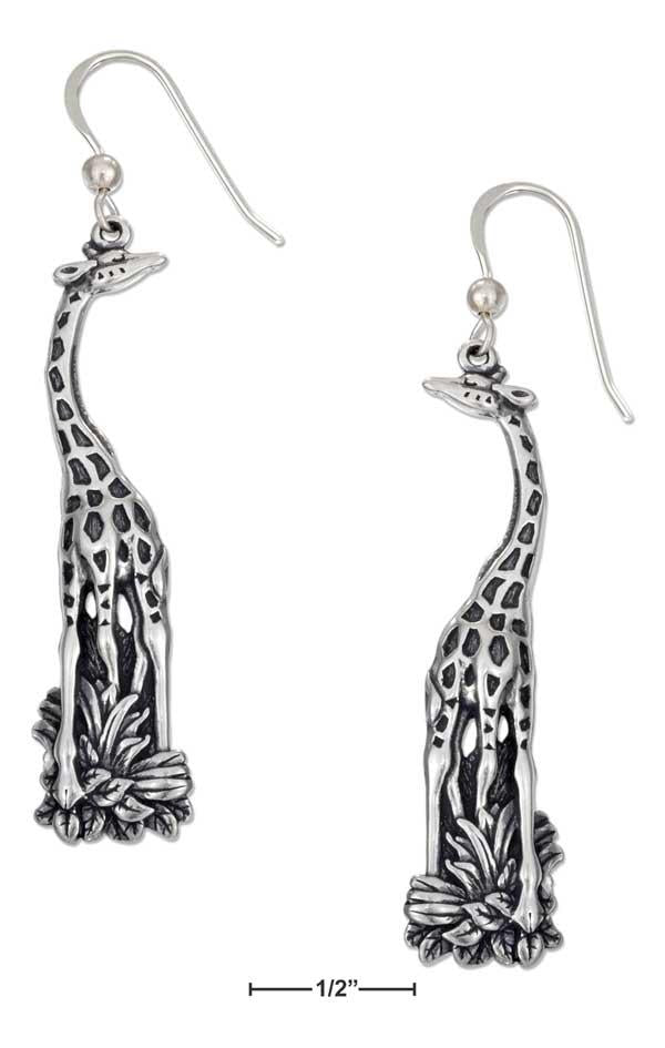 Sterling Silver Long Antiqued Giraffe Earrings On French Wires